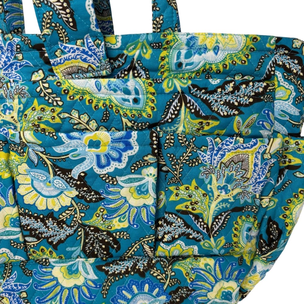 Large‎ Quilted Floral Project Bag Knitting Crochet Sewing Craft Tote Blue Green